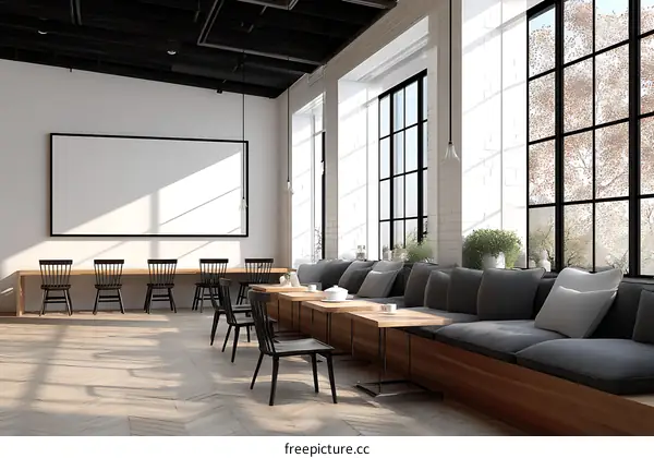Modern Cafe Interior Design with Large Blank Board