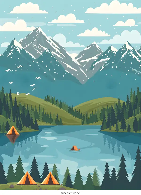 Mountain Lake Camping Adventure Illustration