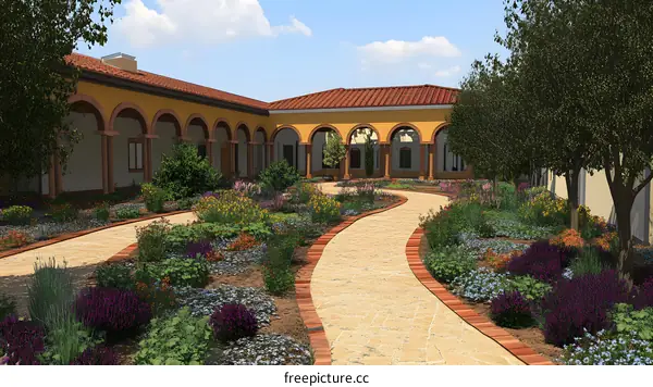 Italian Style Courtyard Garden Design with Stone Pathway