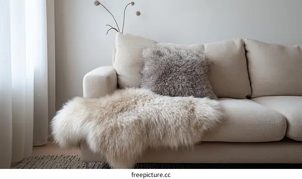 Modern Beige Sofa with Fur Throw Decor