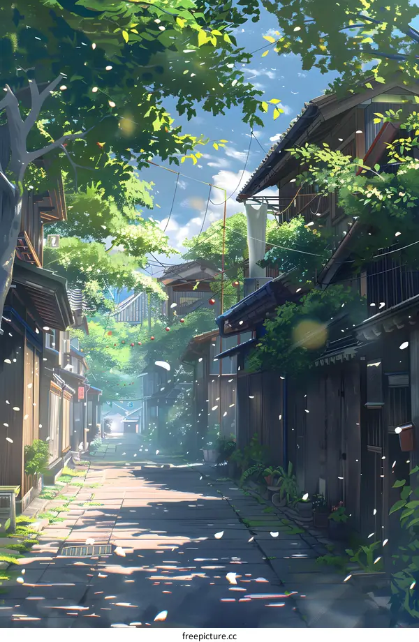 Anime Illustration Of A Japanese Street With Falling Cherry Blossoms