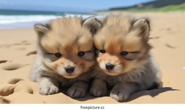 Two Adorable Pomeranian Puppies on the Beach