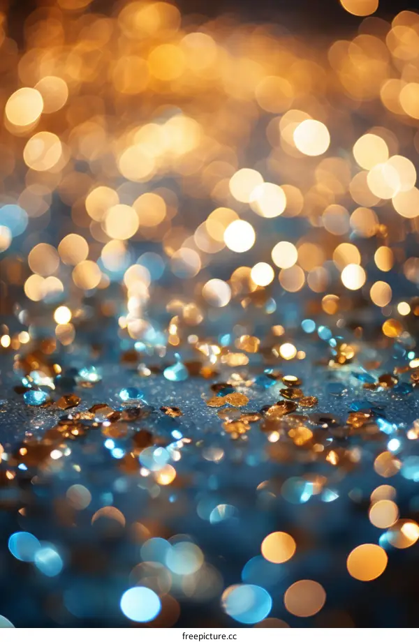 Blue and gold glitter background with blurred lights
