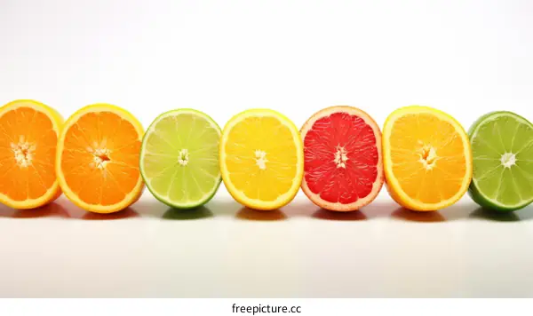 Various citrus fruits including orange, lemon, lime and grapefruit