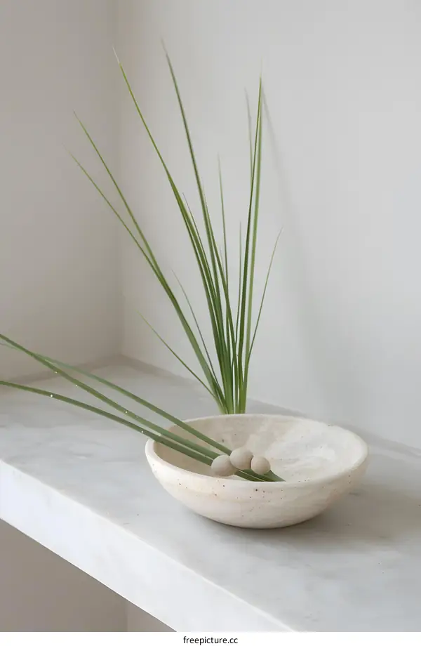 White Bowl with Green Plant and White Stones