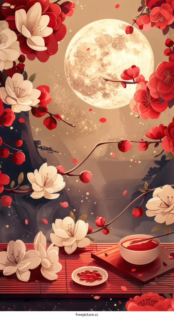 red and white plum blossom flowers under the full moon