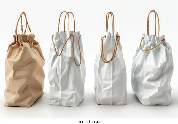 Four white and brown paper shopping bags with rope handles isolated on white background