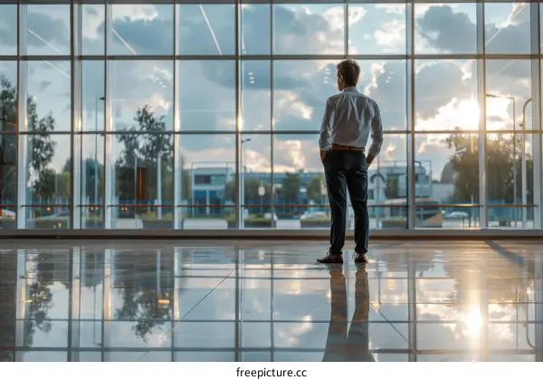 Businessman looking out of the window at the cityscape