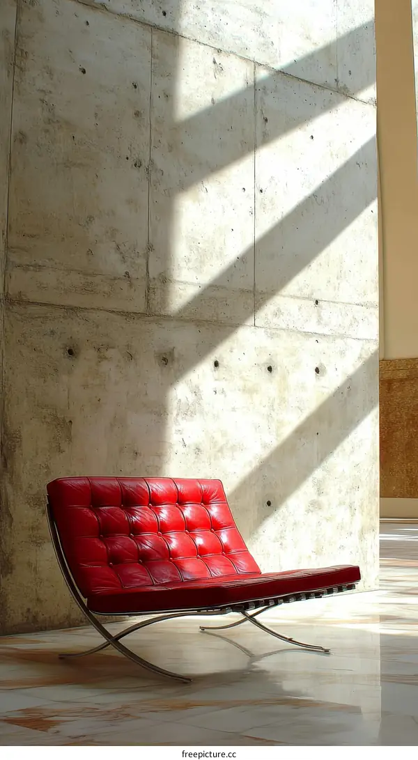 Modern Red Leather Lounge Chair Against Concrete Wall