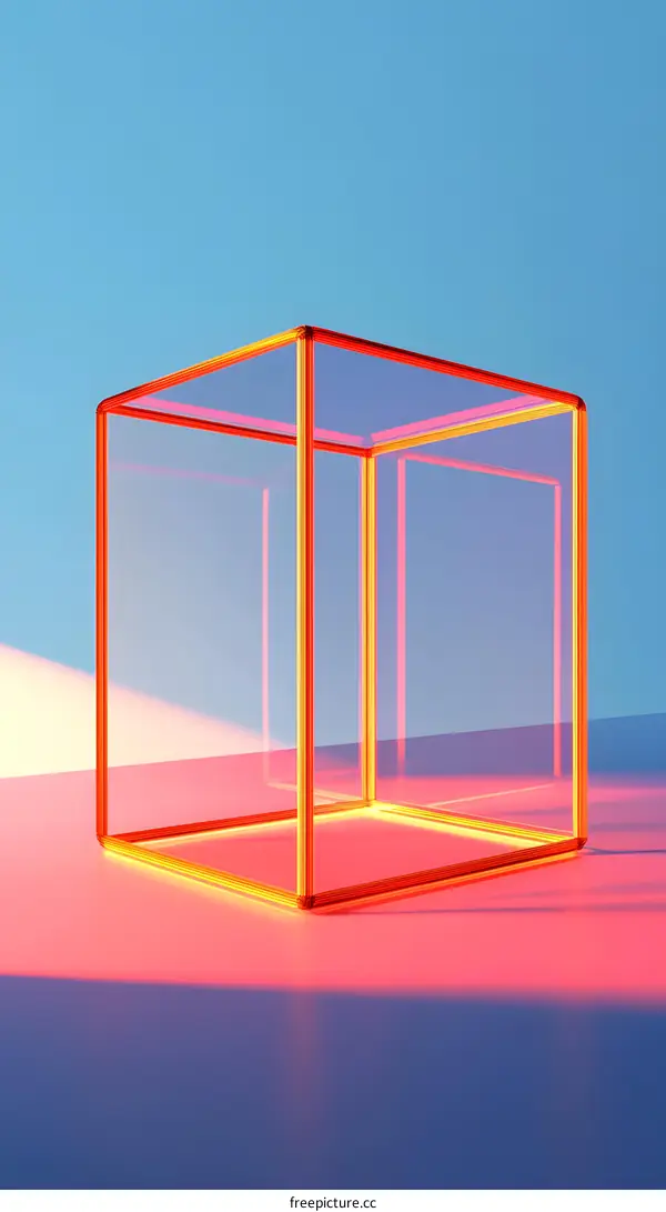 Transparent Glass Cube with Neon Lights and Minimalist Background