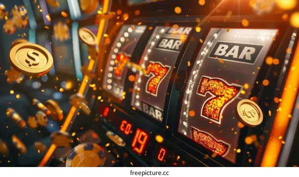 Slot machine with golden coins and red background