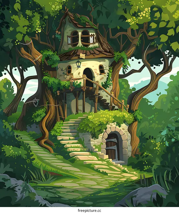 Fantasy Treehouse Illustration In A Lush Forest