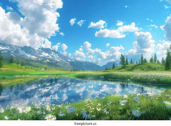 A Scenic Mountain Lake Landscape in Sunny Day