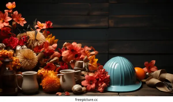 Blue Hard Hat With Flowers