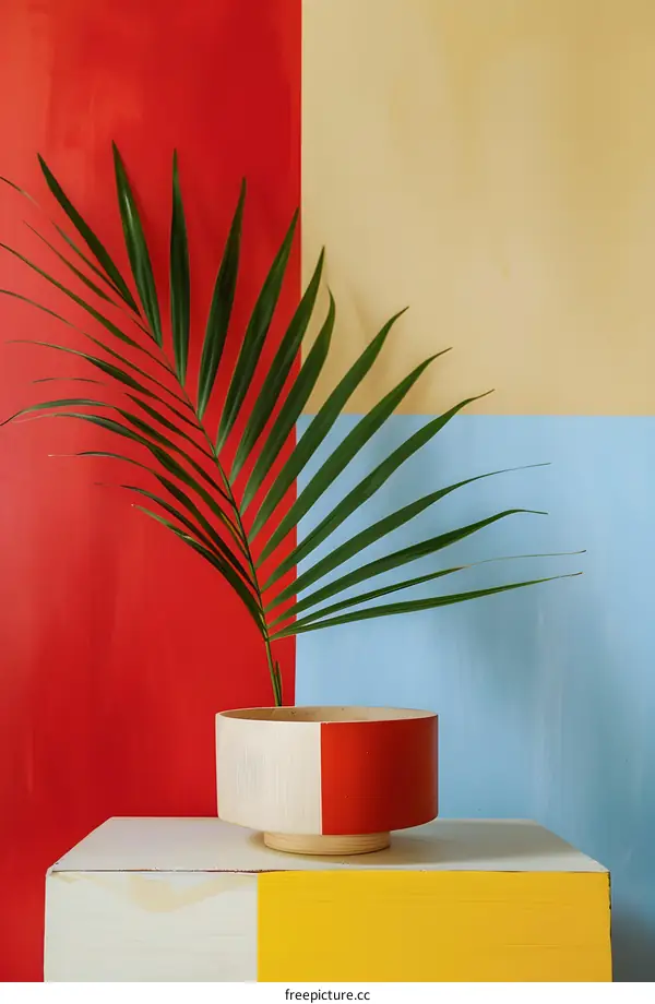 Green Palm Leaf in a Red and White Pot on a Yellow and White Table