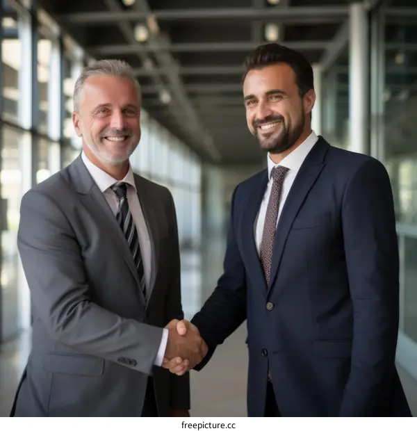Two businessmen in suits shaking hands in an office building