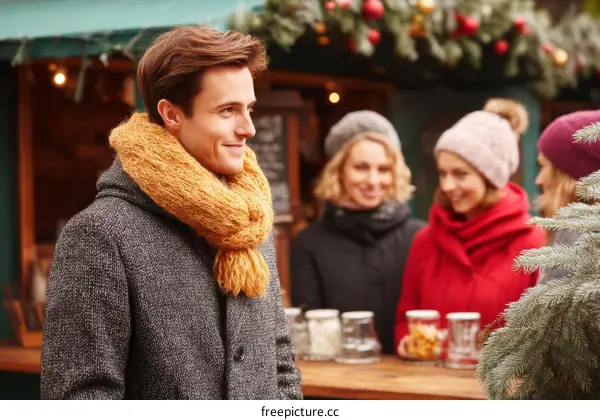 European Christmas Market with People Wearing Winter Outfits