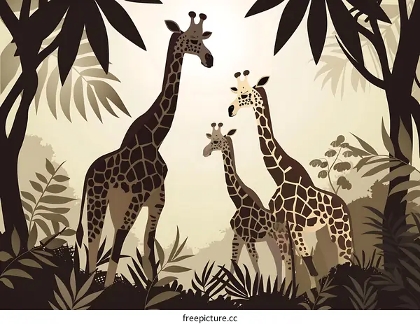 Family of Giraffes in the African Jungle