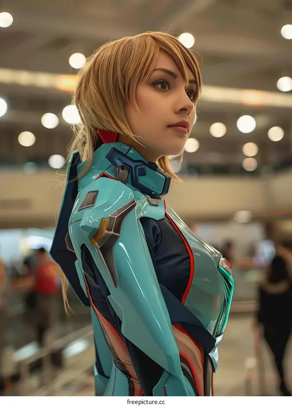 portrait of a young woman in a blue and black bodysuit