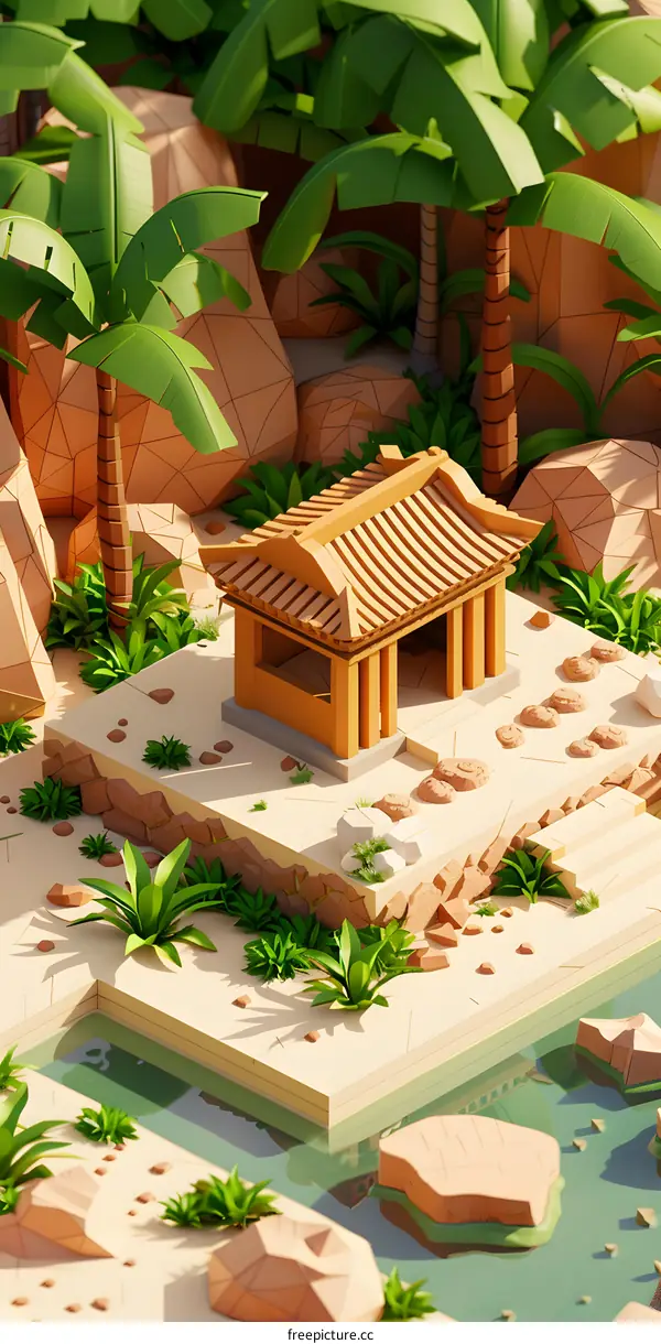 Low Poly 3D Illustration Of A Tropical Jungle Scene With A Small Pagoda