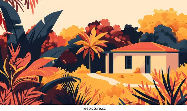 Tropical House with Palm Tree and Lush Foliage