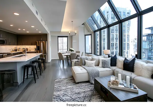 Modern City Apartment Living Room and Kitchen View