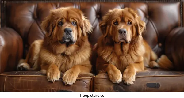 Two Impressive Tibetan Mastiffs Relaxing on a Luxurious Brown Leather Couch