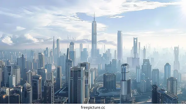 A bustling metropolis with towering skyscrapers and a bright blue sky