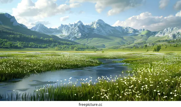Alpine Meadow with Flowers and Mountains