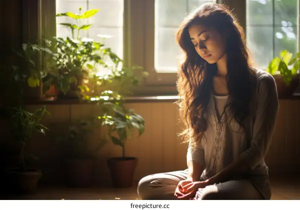 A young woman is meditating in a room full of plants