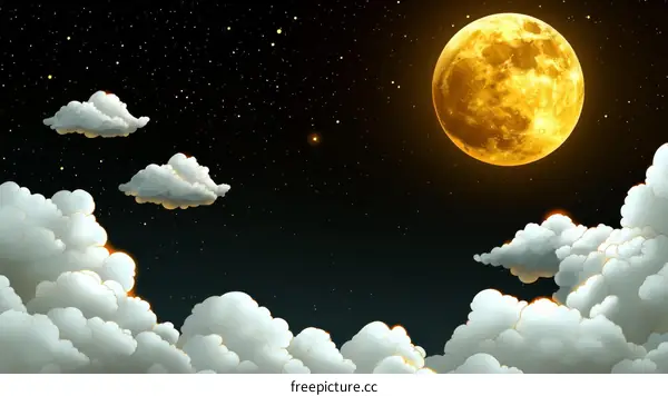 Night Sky with Golden Moon and Fluffy Clouds