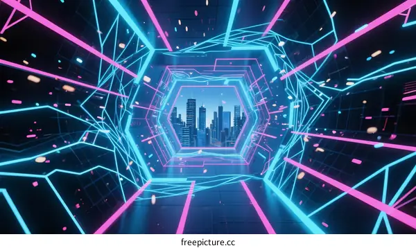 Futuristic Cityscape with Glowing Neon Lines and Geometric Patterns