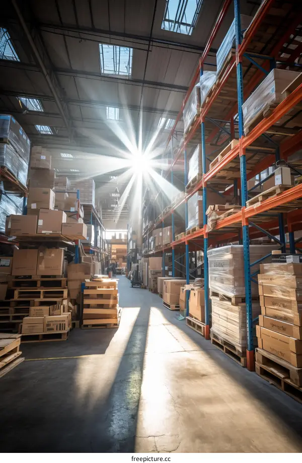 Warehouse with sunlight shining through the roof