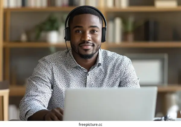 Smiling African Man Working on Laptop