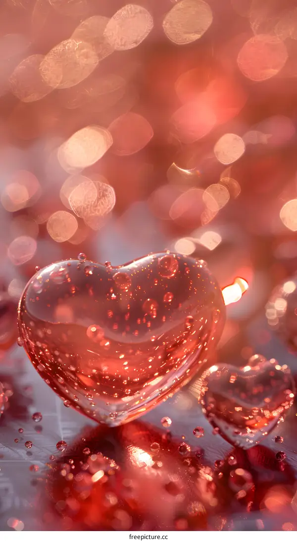 A crystal clear heart shines on a red background