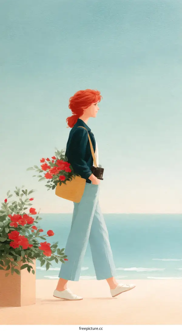 Woman with Roses Walking on the Beach Illustration