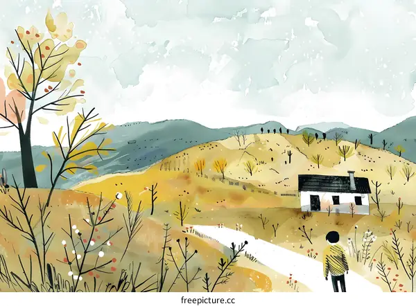 Lonely Person Walking in a Watercolor Landscape