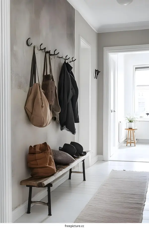Minimalist White Hallway Interior Design With Wooden Bench and Hooks