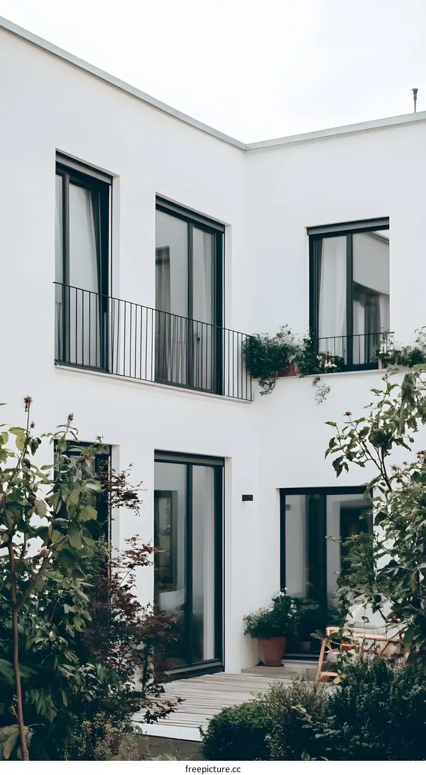 Modern White House Exterior with Balcony and Greenery