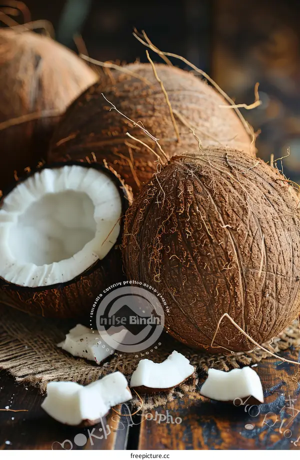 Fresh Coconuts on a Wooden Table, One Split Open