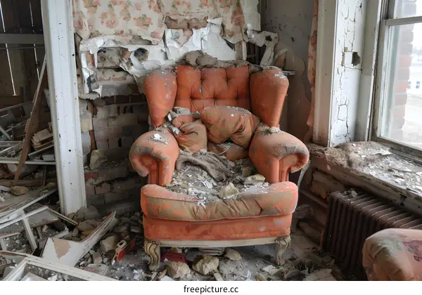 Rundown room with an orange armchair