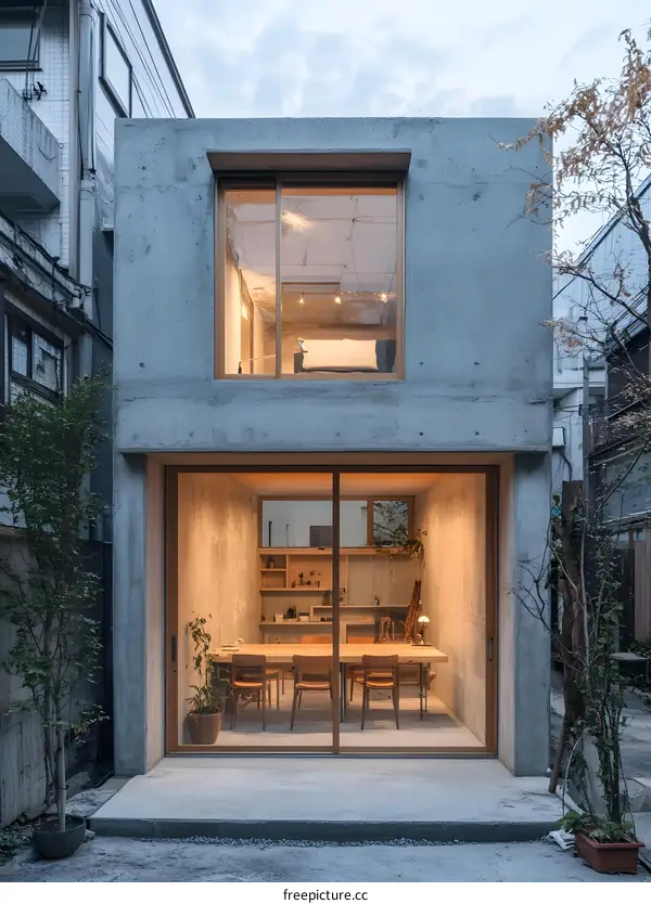 Modern Concrete House with Large Windows and Warm Lighting