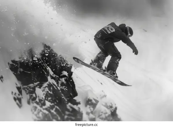 Black and white photo of a male snowboarder jumping off a cliff