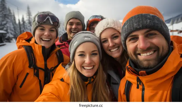 A group of six friends on a snowy mountain