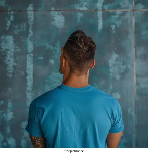 man looking at a blue wall