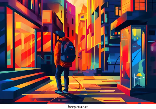 Man with Backpack Walking Down Colorful City Street