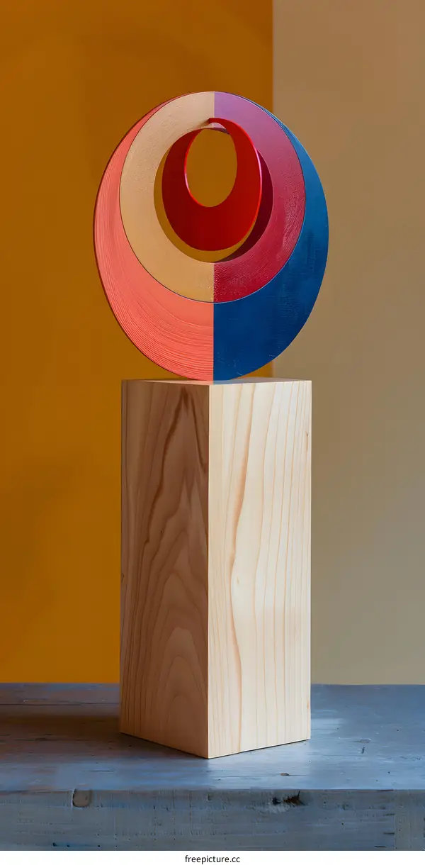 Wooden sculpture of interlocking circular shapes painted in red, orange, and blue