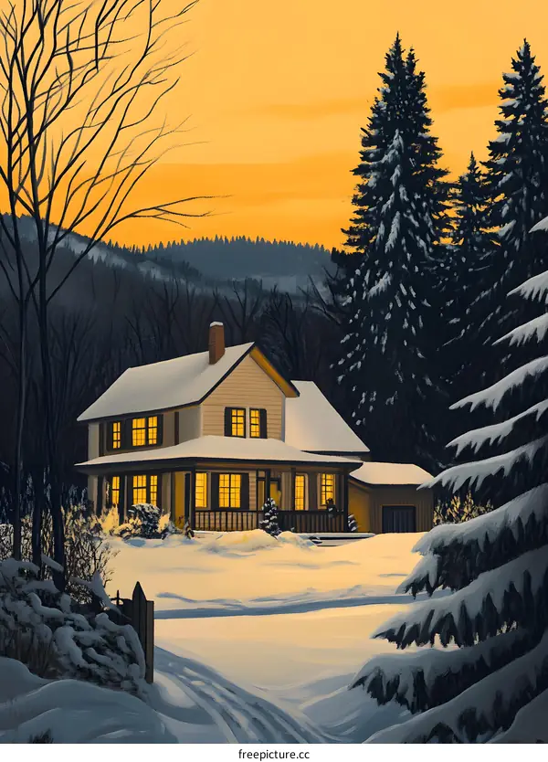 Snowy House in the Woods with Sunset Sky