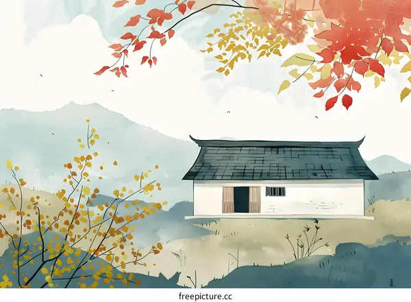Watercolor Painting Of A Traditional Asian House