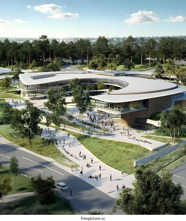 Modern Architecture Building with Curved Design and People Walking Around